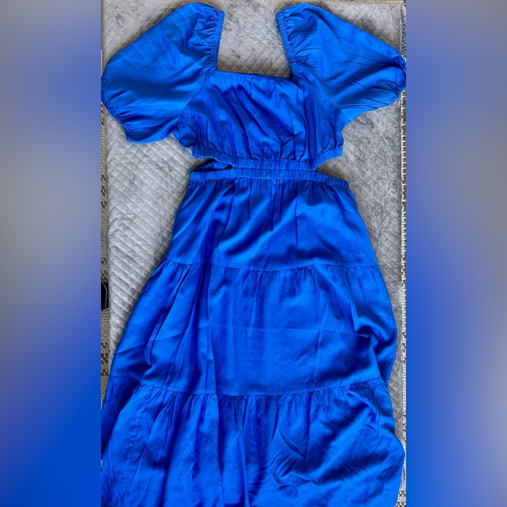The Drop Cobalt Blue Tencel Midi Dress L NWT Puff Sleeve Pockets